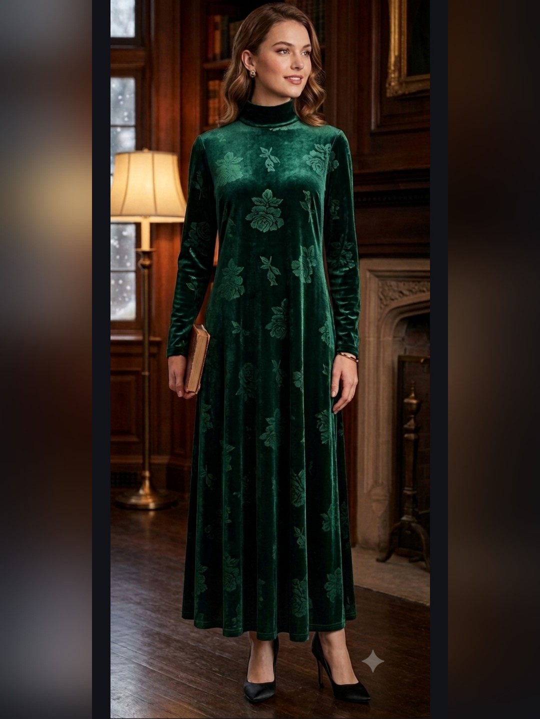 Vintage On The Verge Y2k 90s Emerald Green Embossed Mock Neck Maxi Dress Medium